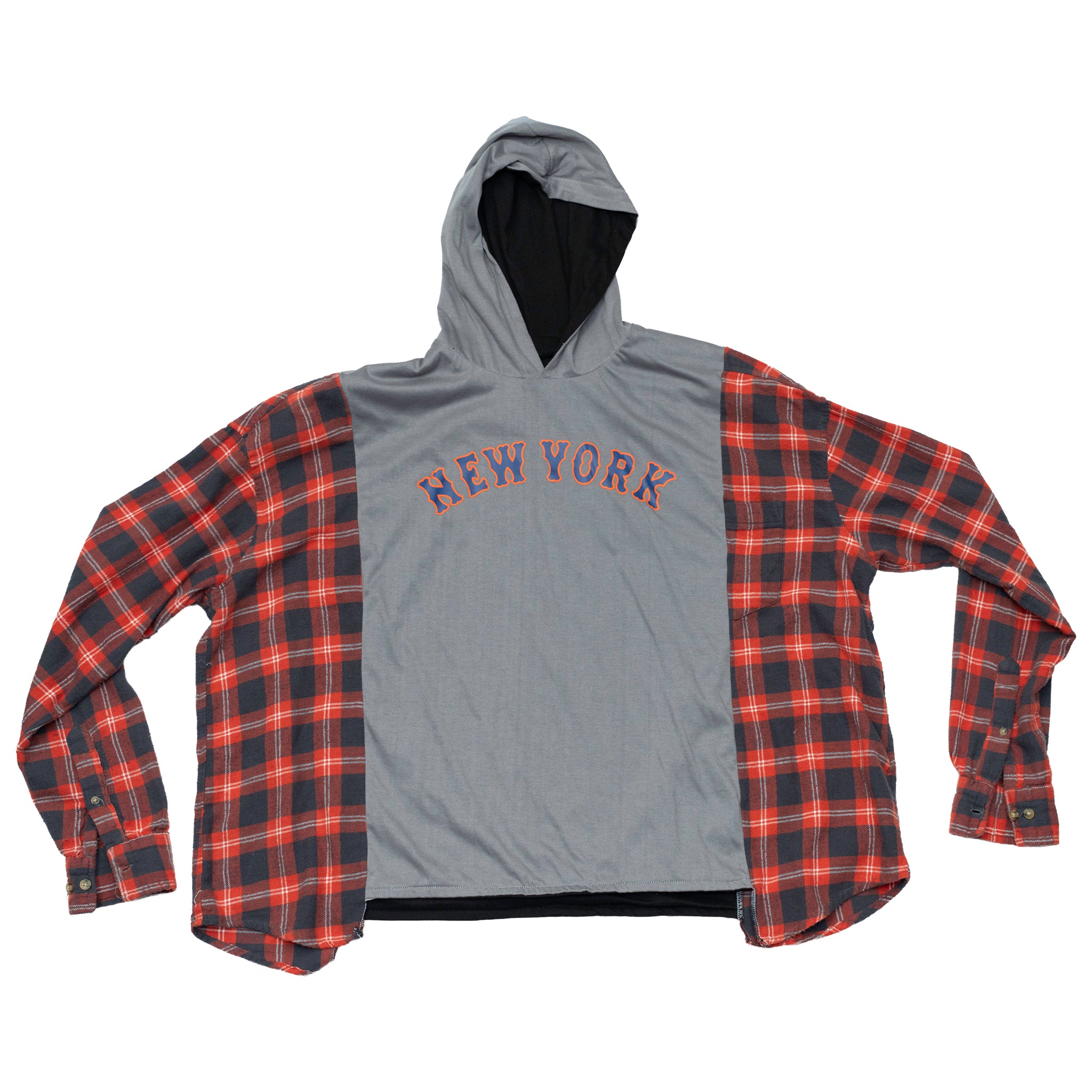 New York Mets Reversible Flannel Campfire Style Hoodie - Reworked Vintage Upcycled Sports Plaid - [M]