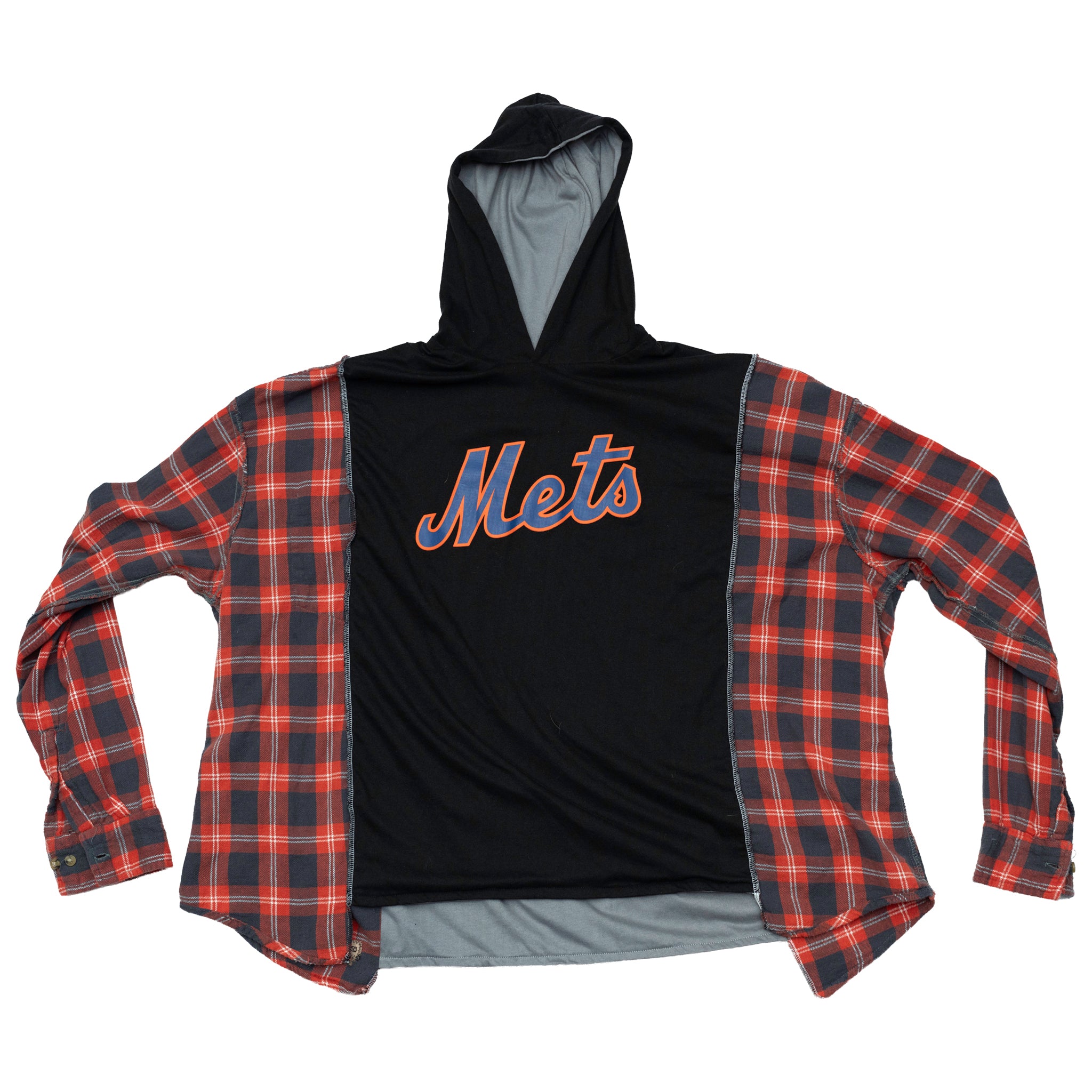 New York Mets Reversible Flannel Campfire Style Hoodie - Reworked Vintage Upcycled Sports Plaid - [M]
